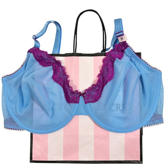 NWT Victorias Secret Tease Unlined Demi Bra 38DDD Blue Purple Lace Lingerie - Picture 1 of 9